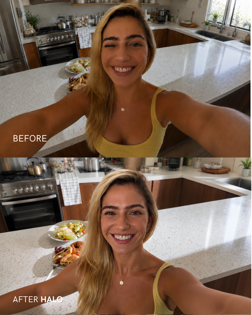 Halo selfie monitor, an upright device with a color-true screen and ambient champagne glow